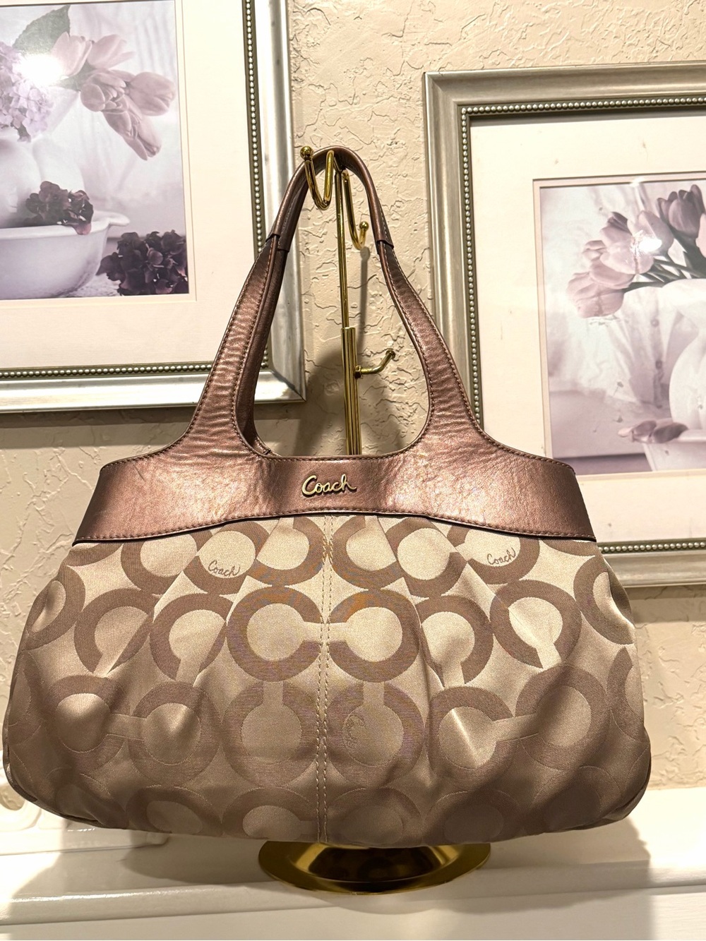 COACH 14077 Lexi Signature Sateen Shoulder Bag Tote Metallic Bronze Trim Large
